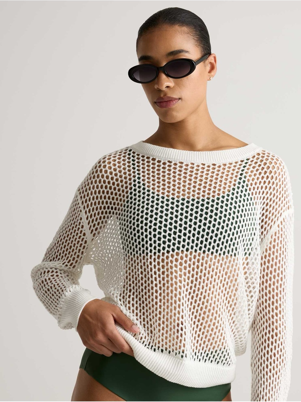 Quince Organic Cotton White Open Knit Mesh Crochet Long Sleeve Size XS